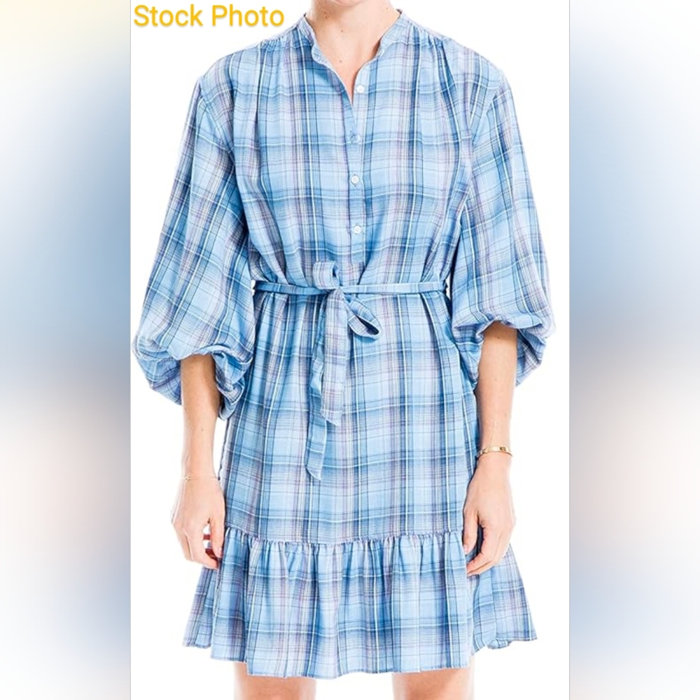 Max Studio Blue Plaid Babydoll Belted Dress Medium